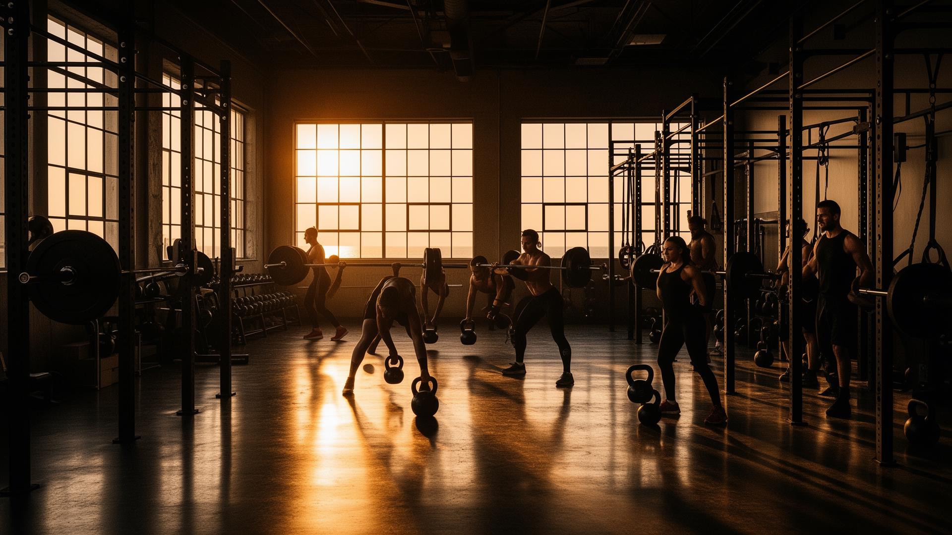 Athletes training inside a North County strength gym at golden hour